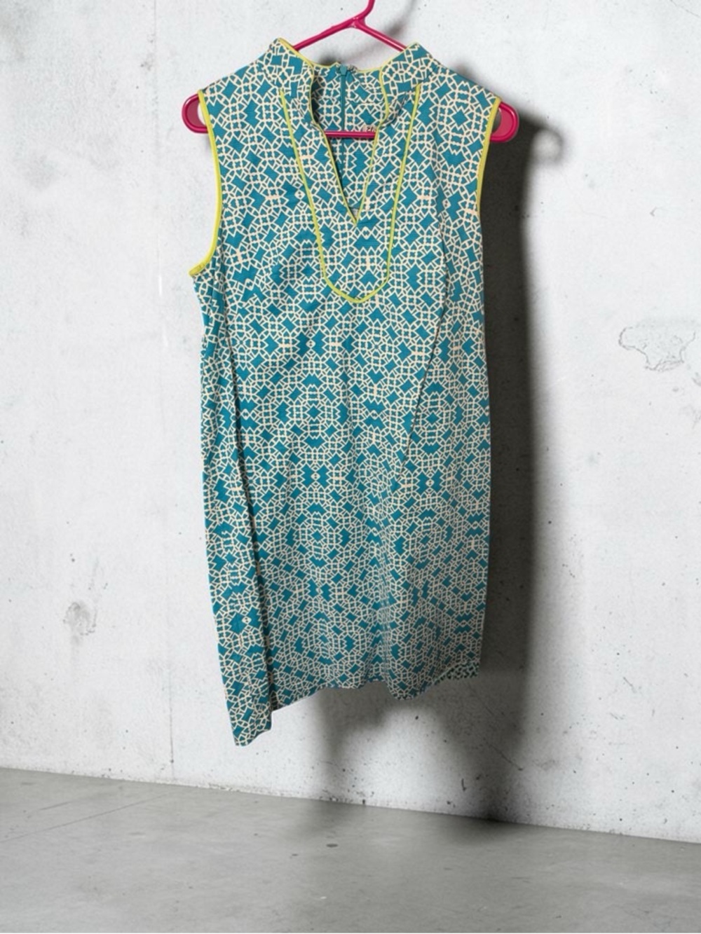 Eliza J Teal and White Geometric Shift Dress with Lime Trim